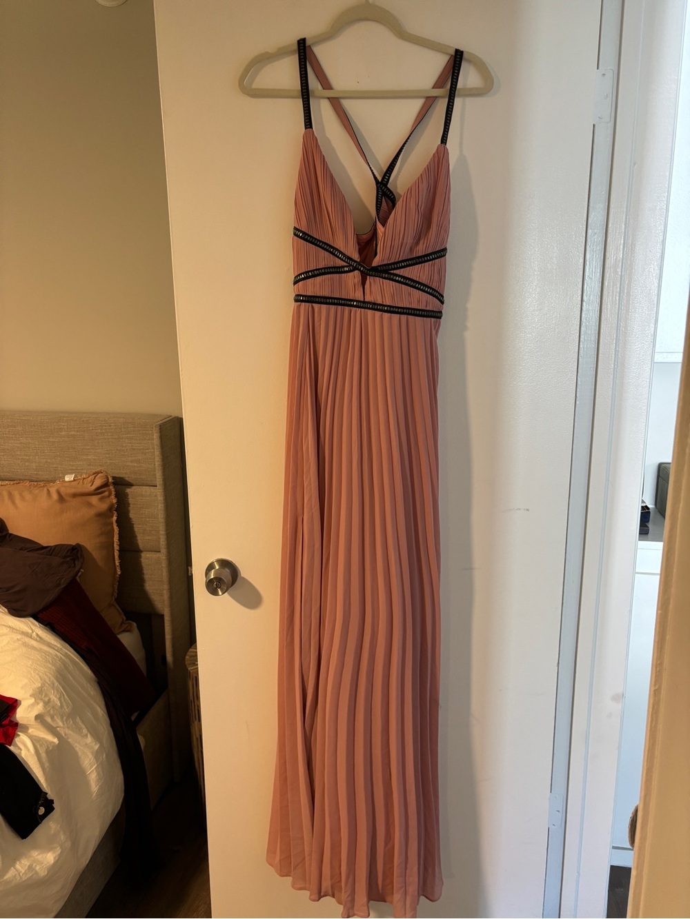 Pleated Dusty Rose Maxi Dress with Beaded Trim